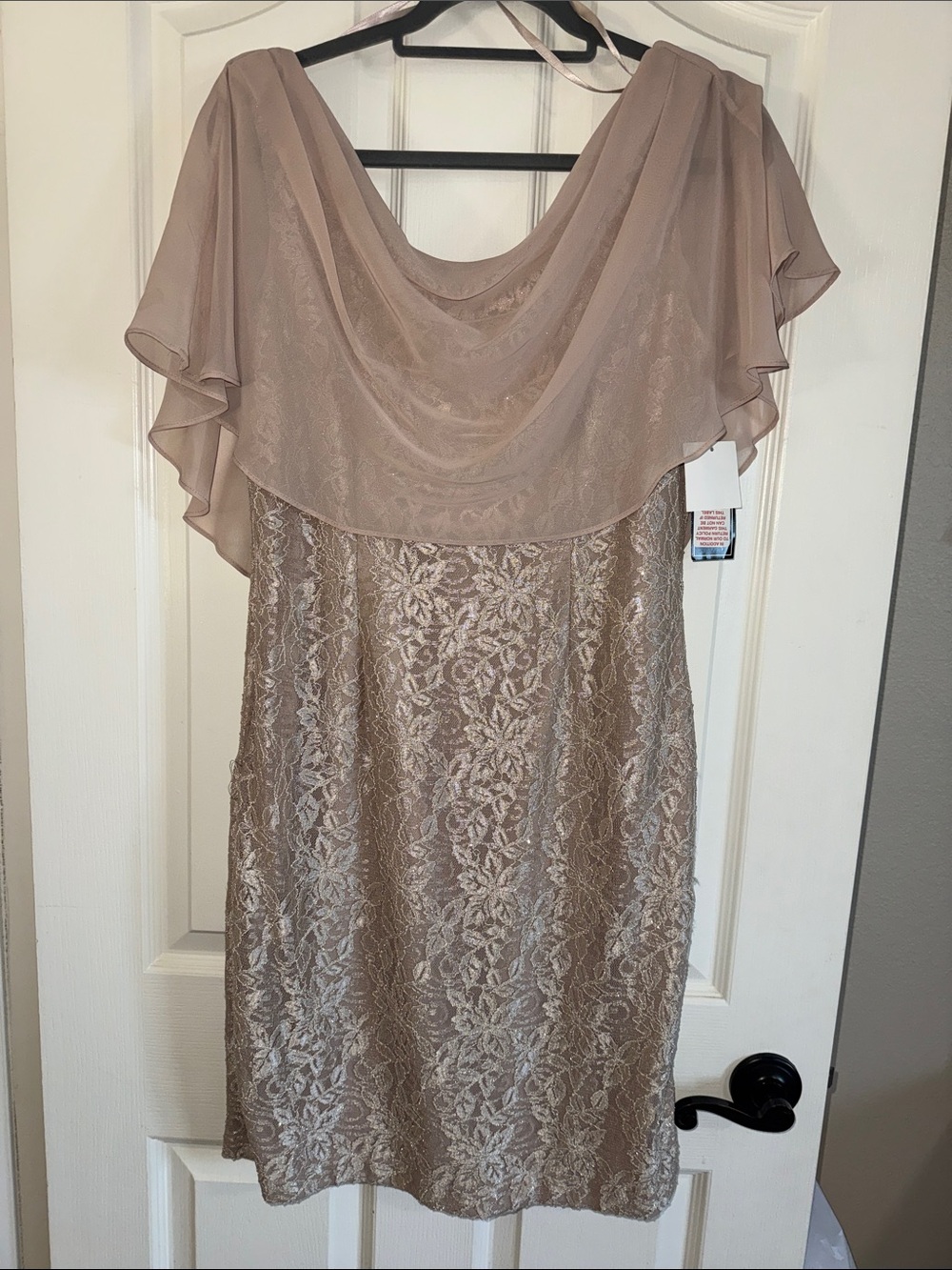 Jessica Howard Sparkley Lace Sheath Dress with Draped Chiffon Capelet in Taupe